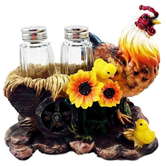 Ebros Gift Farm Hay Wagon Sunflower Rooster & Chicks Salt Pepper Shaker Holder - Picture 1 of 16